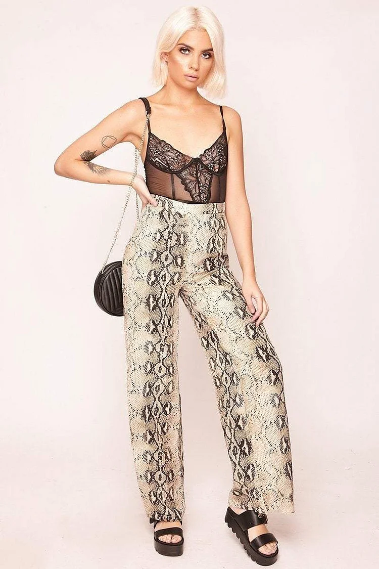 Cream Wide Leg Snake Print Trousers Katch Me