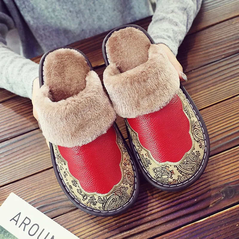 Waterproof Home Slippers Women Men Winter Warm Flat House Shoes Man Soft Comfort Female Shoes Leather Indoor Slippers