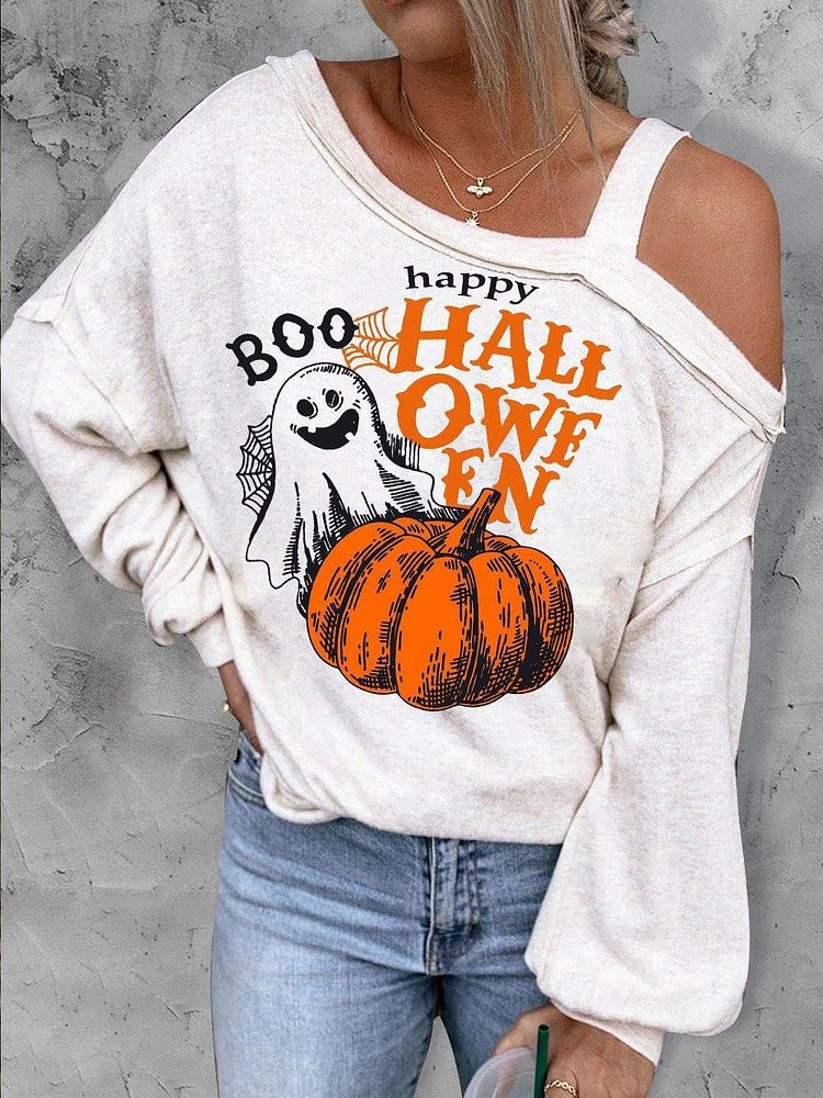 Pumpkin Ghost Print Asymmetric Dew Shoulder Long Sleeve Top