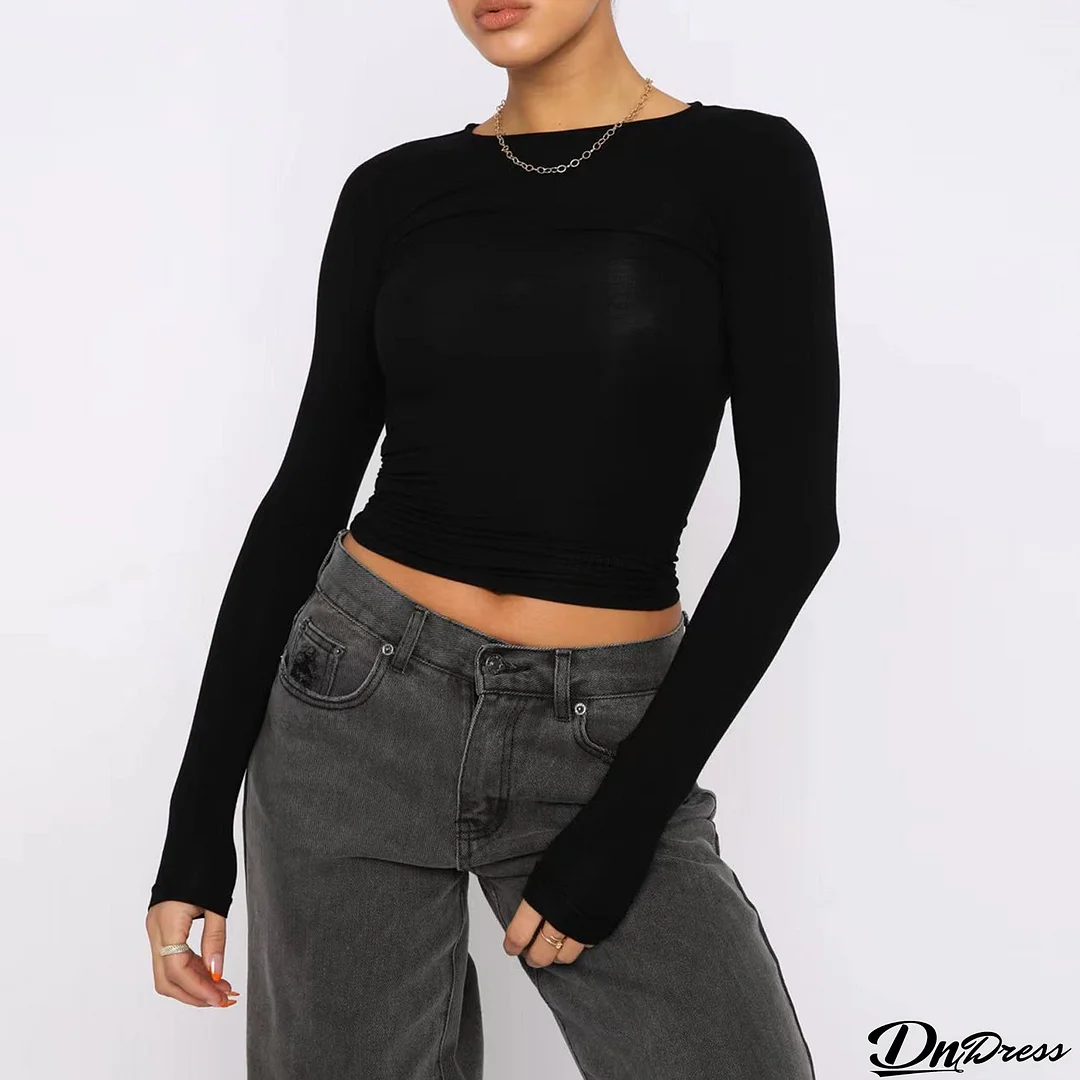 Women Solid Basic Round Neck Long Sleeve Top