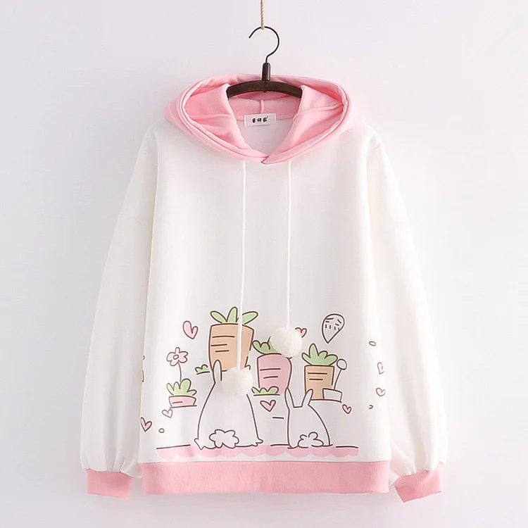 Cute Cartoon Rabbit Carrot Print Hoodie - Modakawa Modakawa