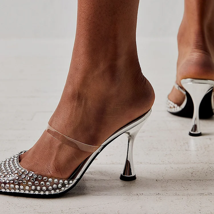 transparent Pointed Toe Stiletto Mules Diamond Design Strappy High Heels |FSJ Shoes