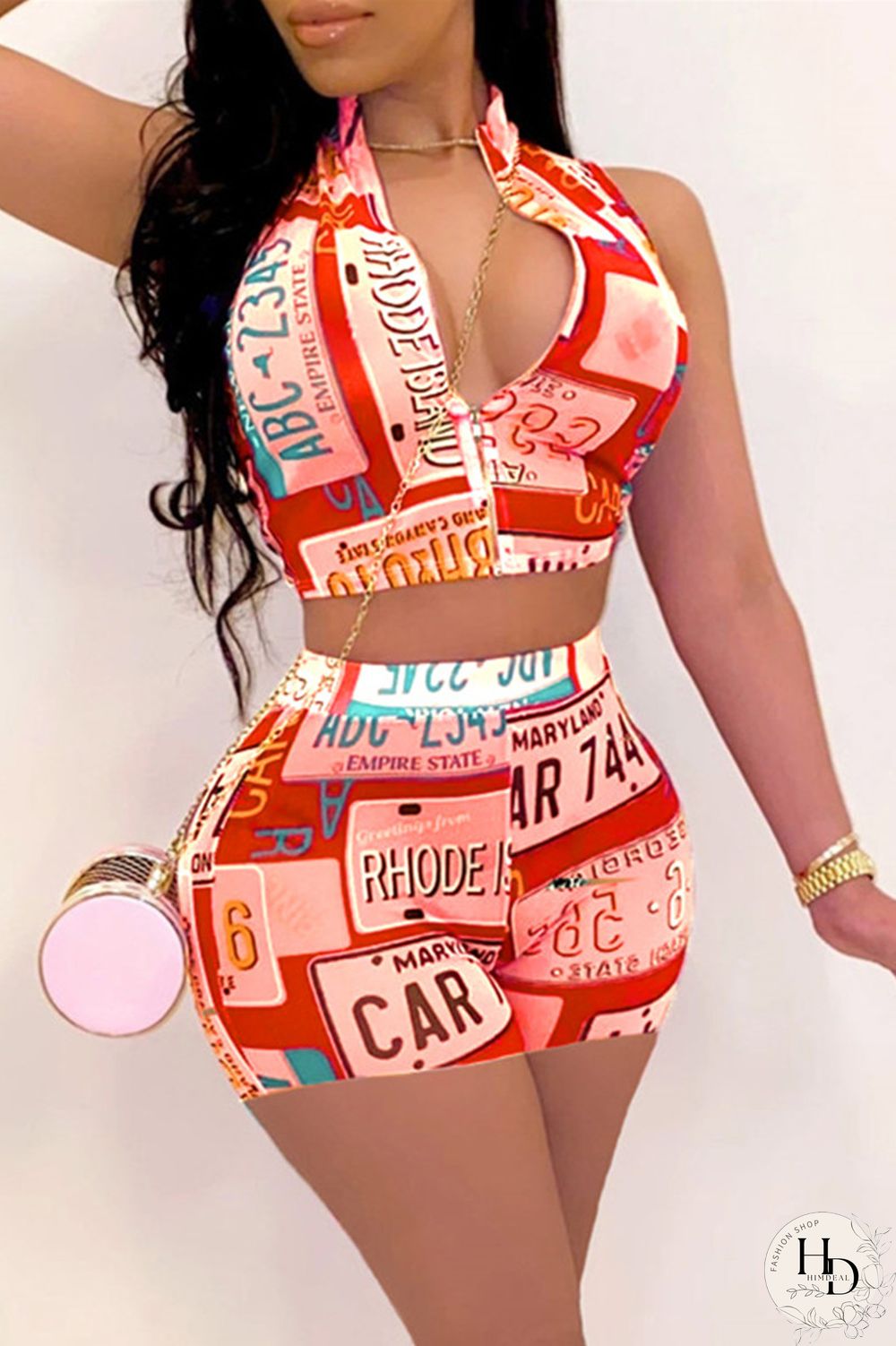 Fuchsia Sexy Casual Print Basic Zipper Collar Sleeveless Two Pieces