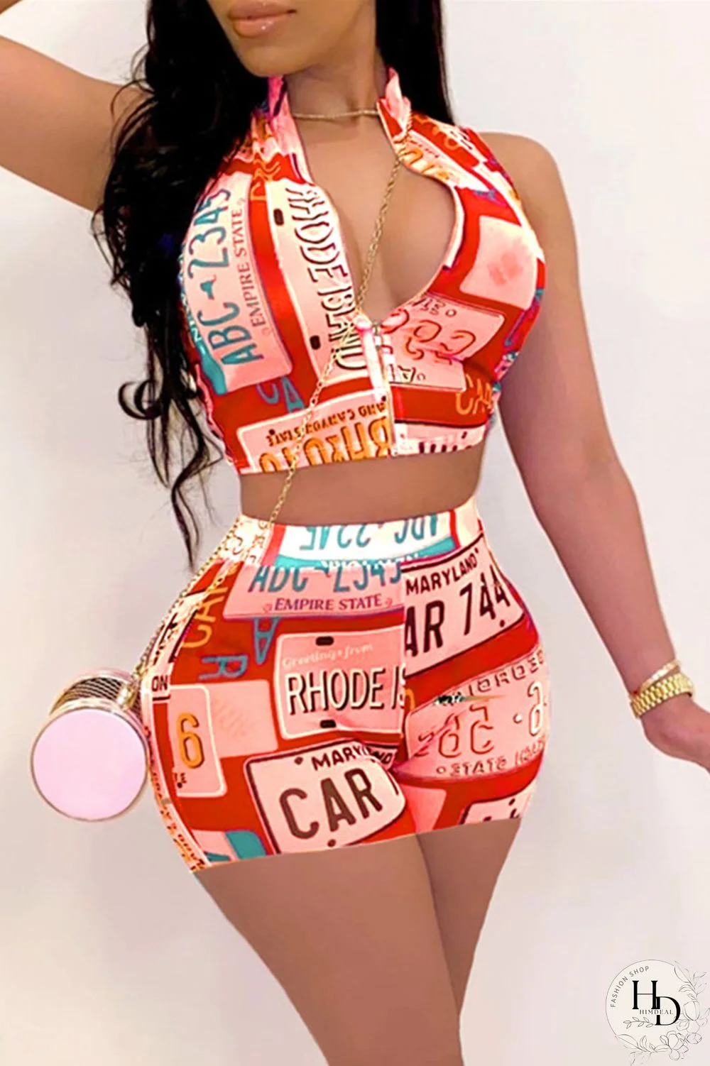 Fuchsia Sexy Casual Print Basic Zipper Collar Sleeveless Two Pieces