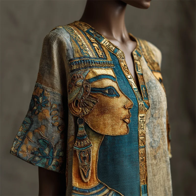 Ancient Egyptian Woman Face Floral Embroidered Contrast Linen Shirt