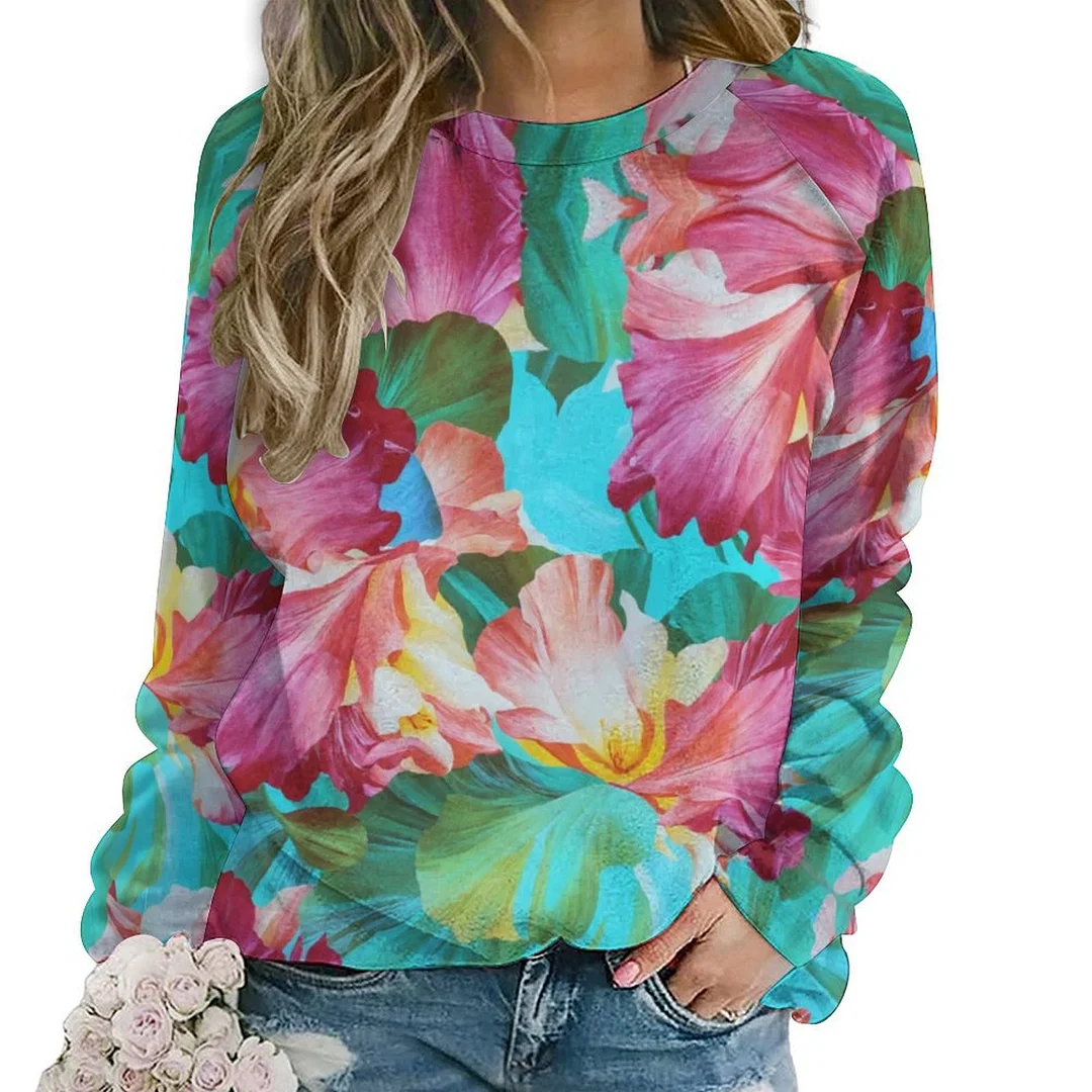 Printed Long Sleeve Casual Sweatshirt for  Women and Men Unisex Pattern Petals, Rose Red, Blue