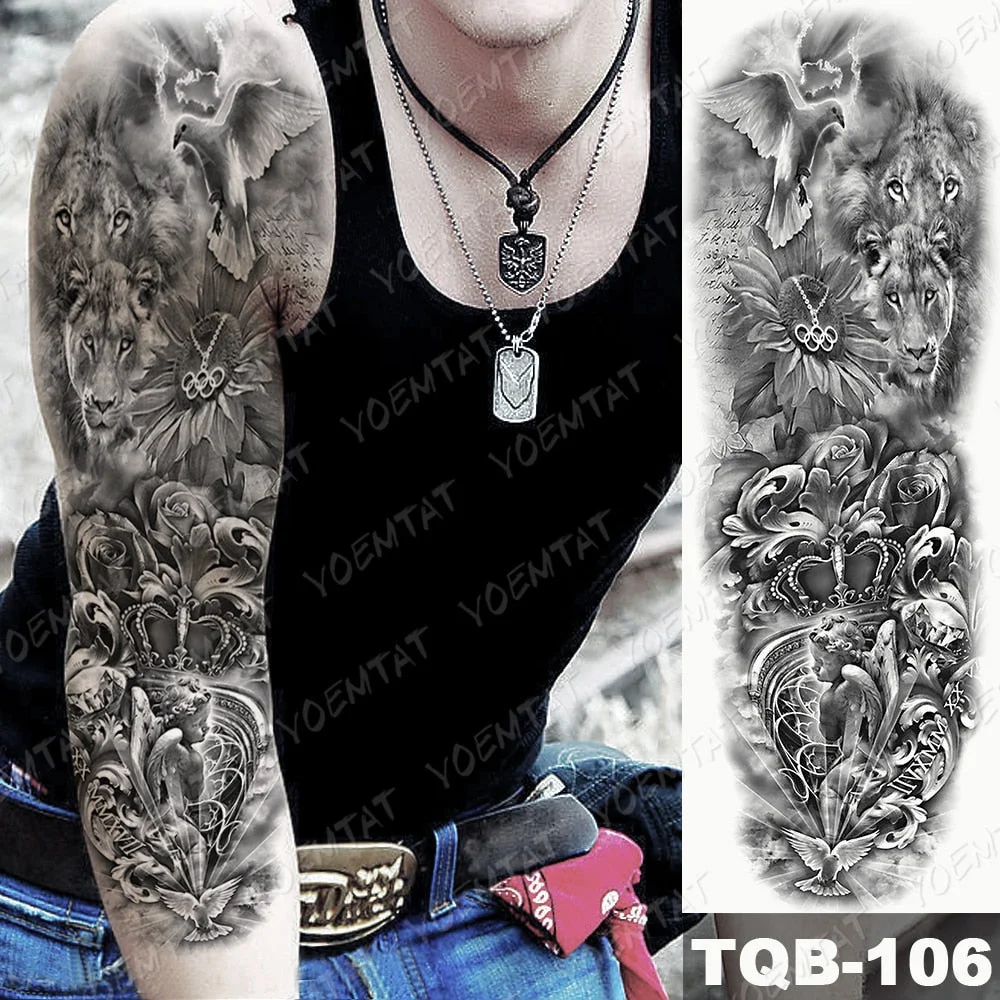 Large Arm Sleeve Waterproof Temporary Tattoo Sticker Lion Crown Gun Rose Wolf Tiger Animal Tattoos Women Men Body Art Fake Tatto