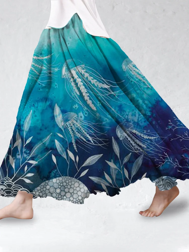 Tie Dye Ocean Turtle Art Cotton Linen Flowy Skirt