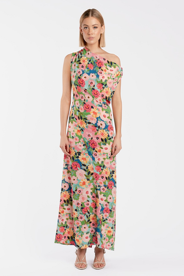 Floral Print Skew Neck Sleeveless Maxi Dresses-Green [Pre Order]