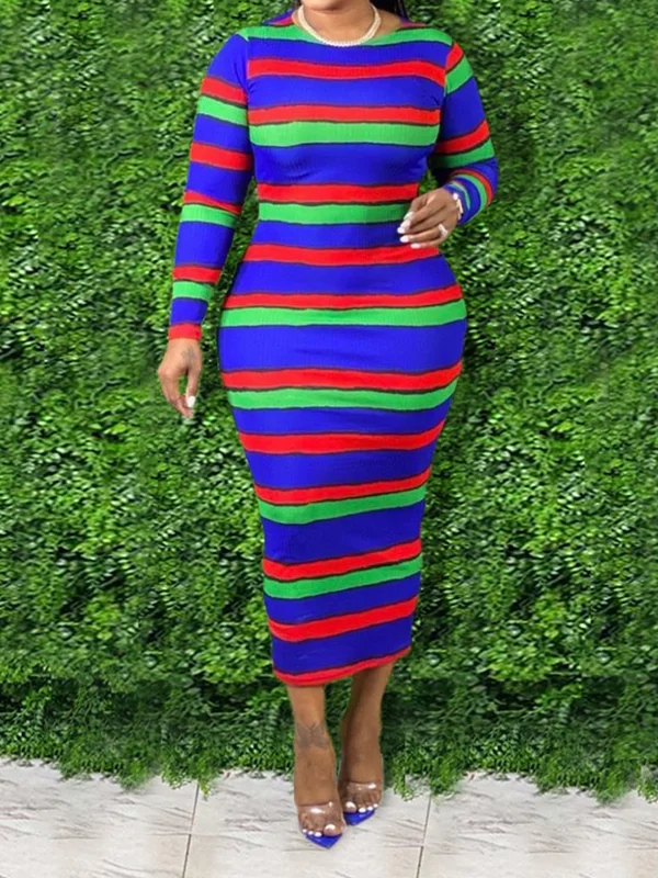 Contrast Color Striped High Waisted Long Sleeves Round-Neck Midi Dresses