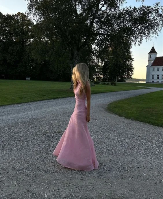 Abebey-Christmas party outfits Gorgeous Mermaid High Neckline Pink Slit Tulle Long Prom Dresses Evening Dress C3042