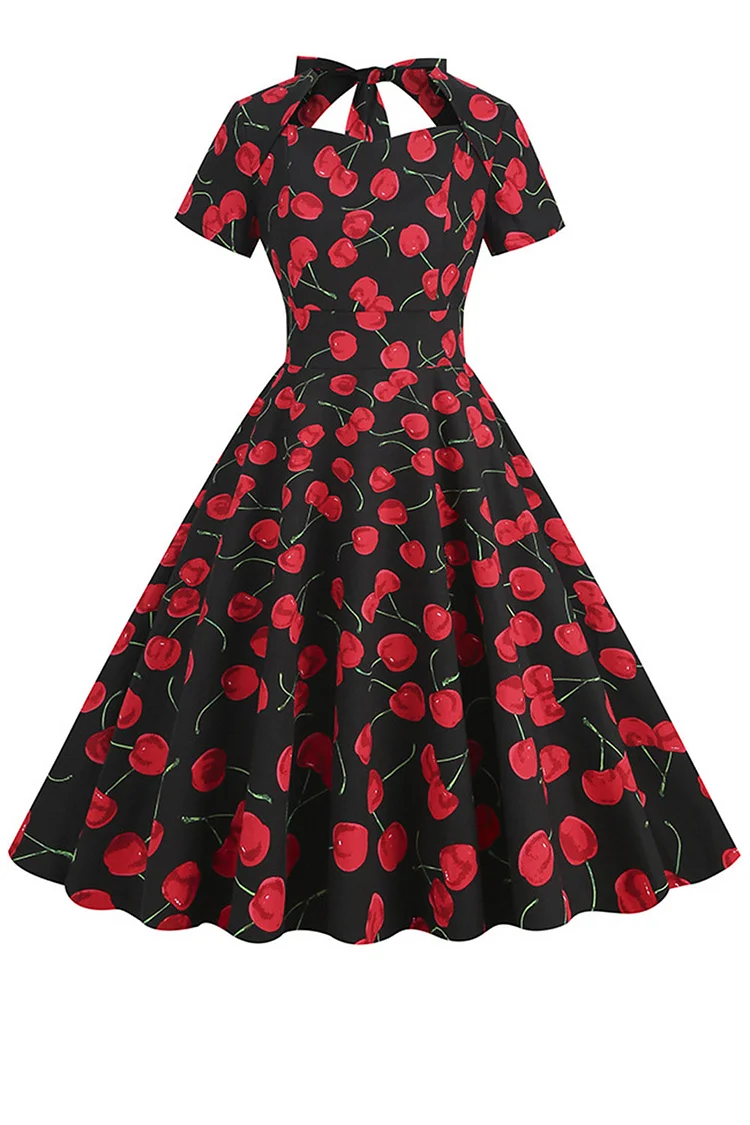 1950s Black Casual Cherry Print Halter A-line Swing Midi Dress