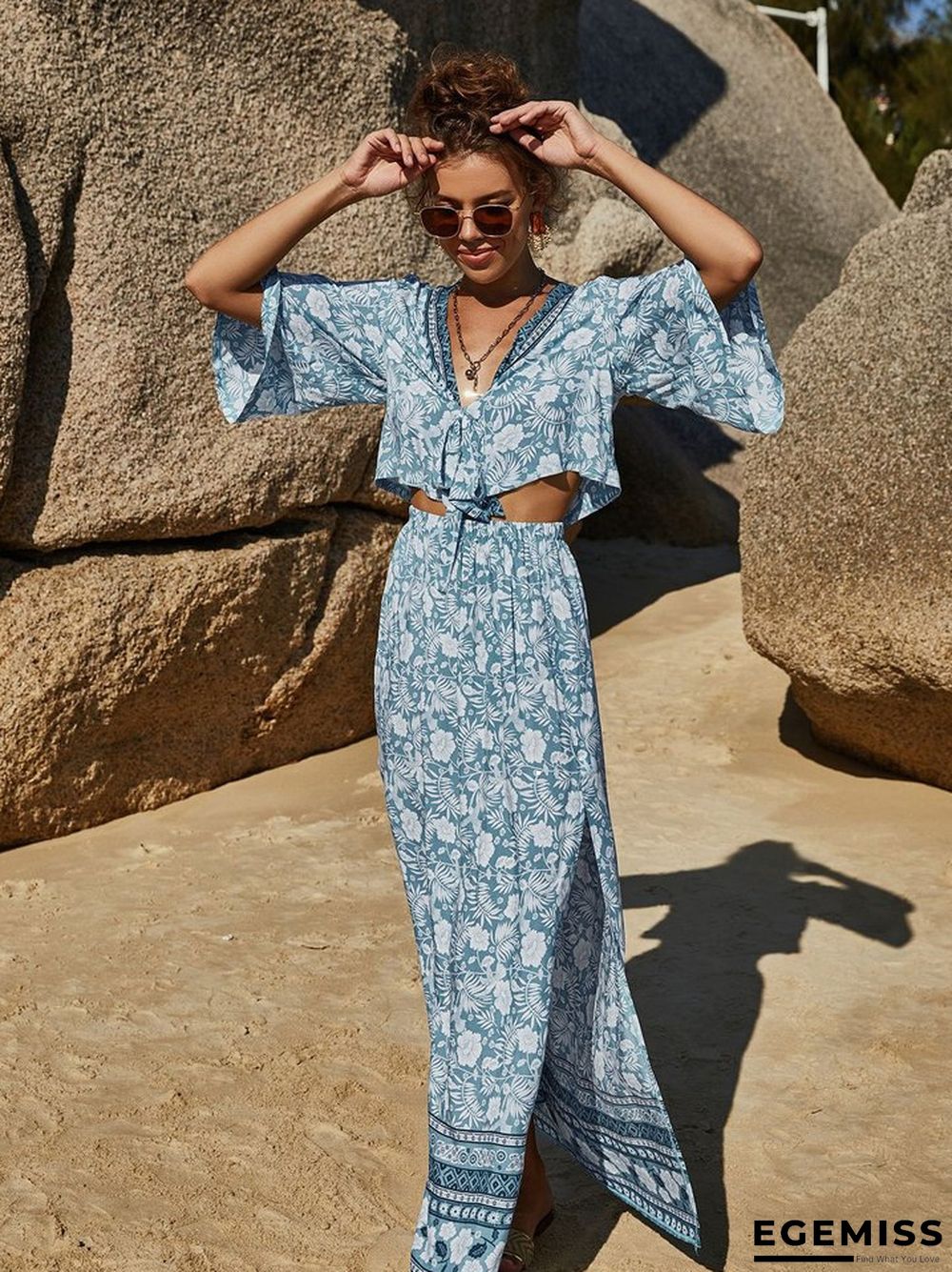 Bohemian Skirt Printed Long Skirt V-neck Sexy Two Piece Set | EGEMISS