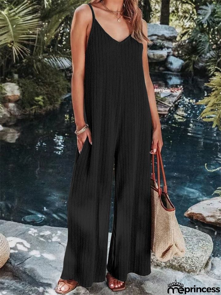 Vacation V Neck Backless Elegant Straight Leg Jumpsuit for Lady
