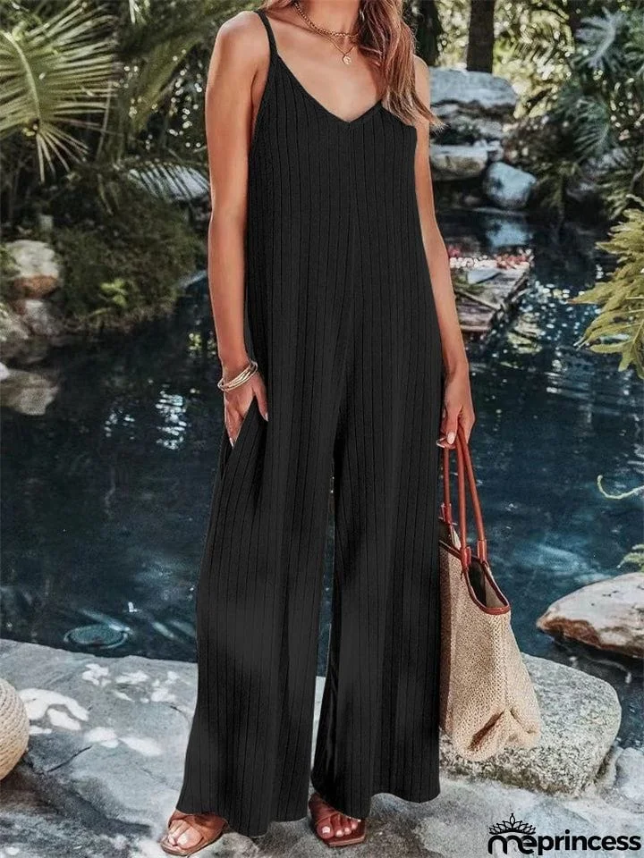 Vacation V Neck Backless Elegant Straight Leg Jumpsuit for Lady