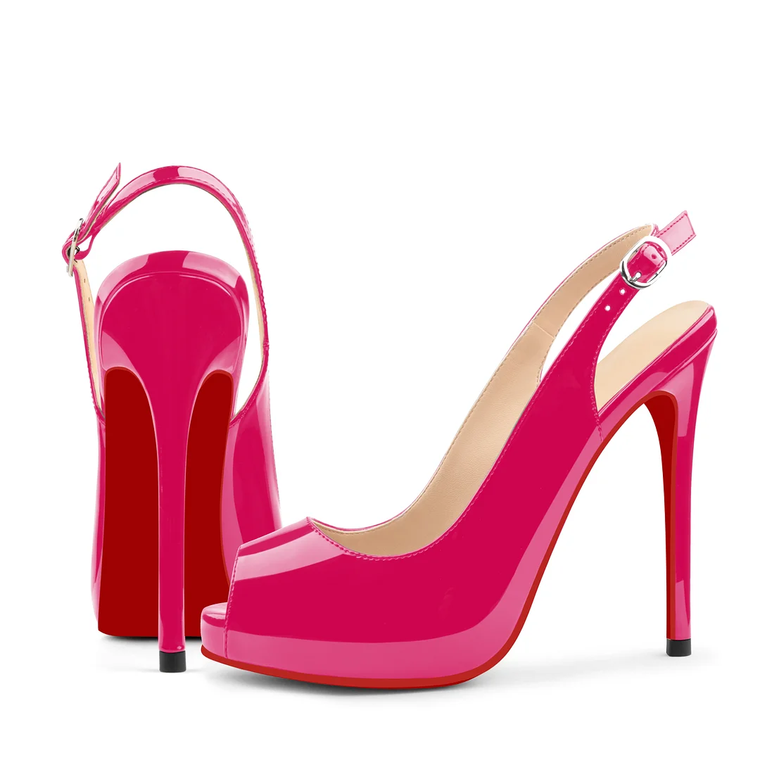 120mm Red Bottom Elastic Strap Slingback Sandals Peep Toe Platform Stilettos Black Patent Heels-MERUMOTE