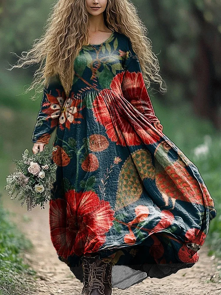 Women's Vintage Floral Art Print Pocket Cotton Dress