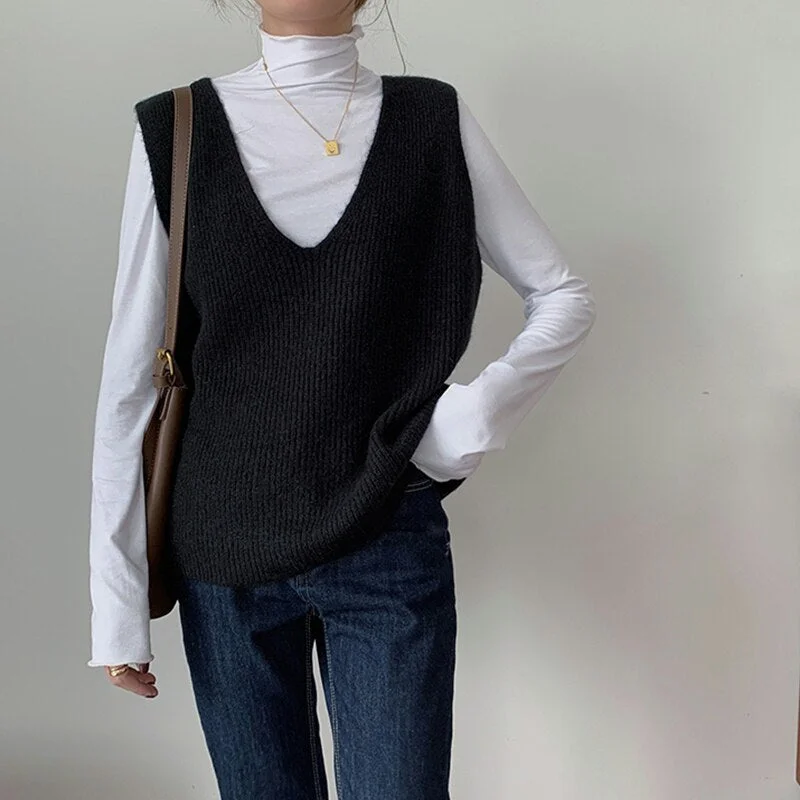 Syiwidii Knitted Vest Sweaters Women Black Yellow Jumpers Autumn Winter 2021 Korean Fashion Pullover V Neck Brown Vests Tank Top