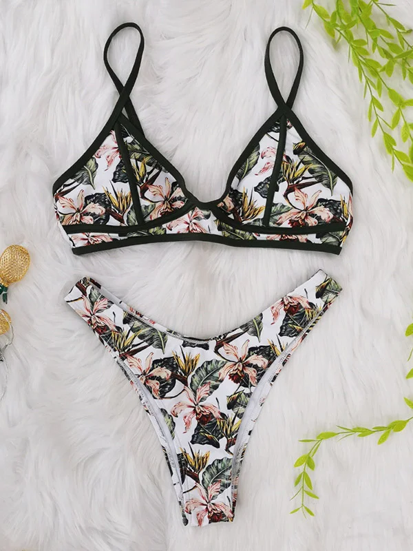 Floral Printed Triangles Spaghetti-Neck Bikini Swimsuit 
