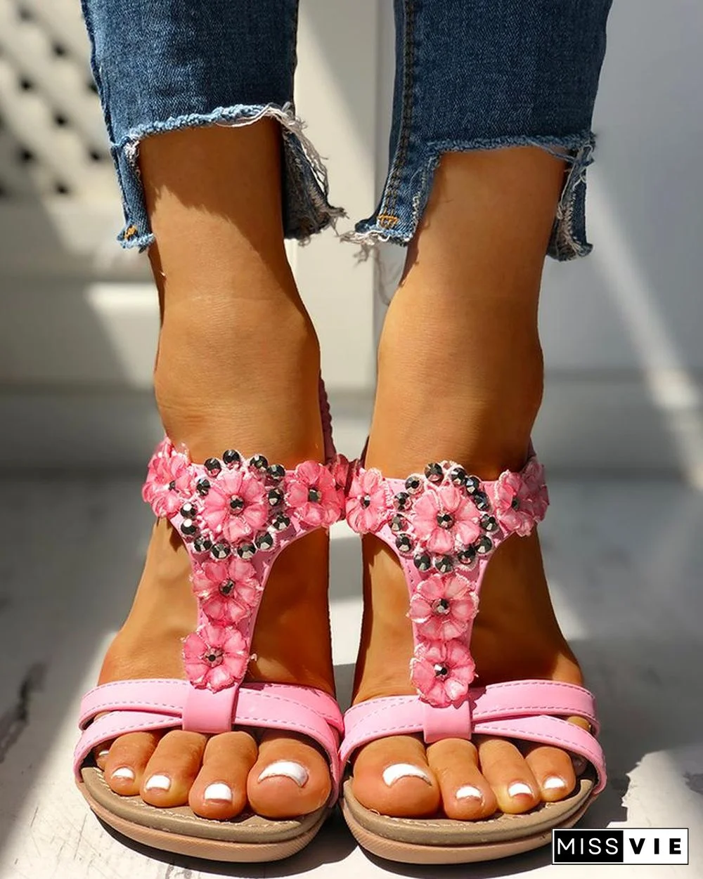 Studded Flower Embellished Flat Sandals