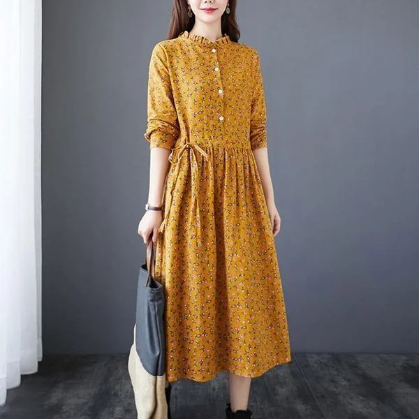 Arts Style Stand Collar Elegant A-line Female Cotton Linen Dresses