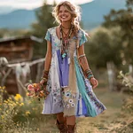 Women's Floral Color Block Round Neck Short Sleeve Dress - Image 6