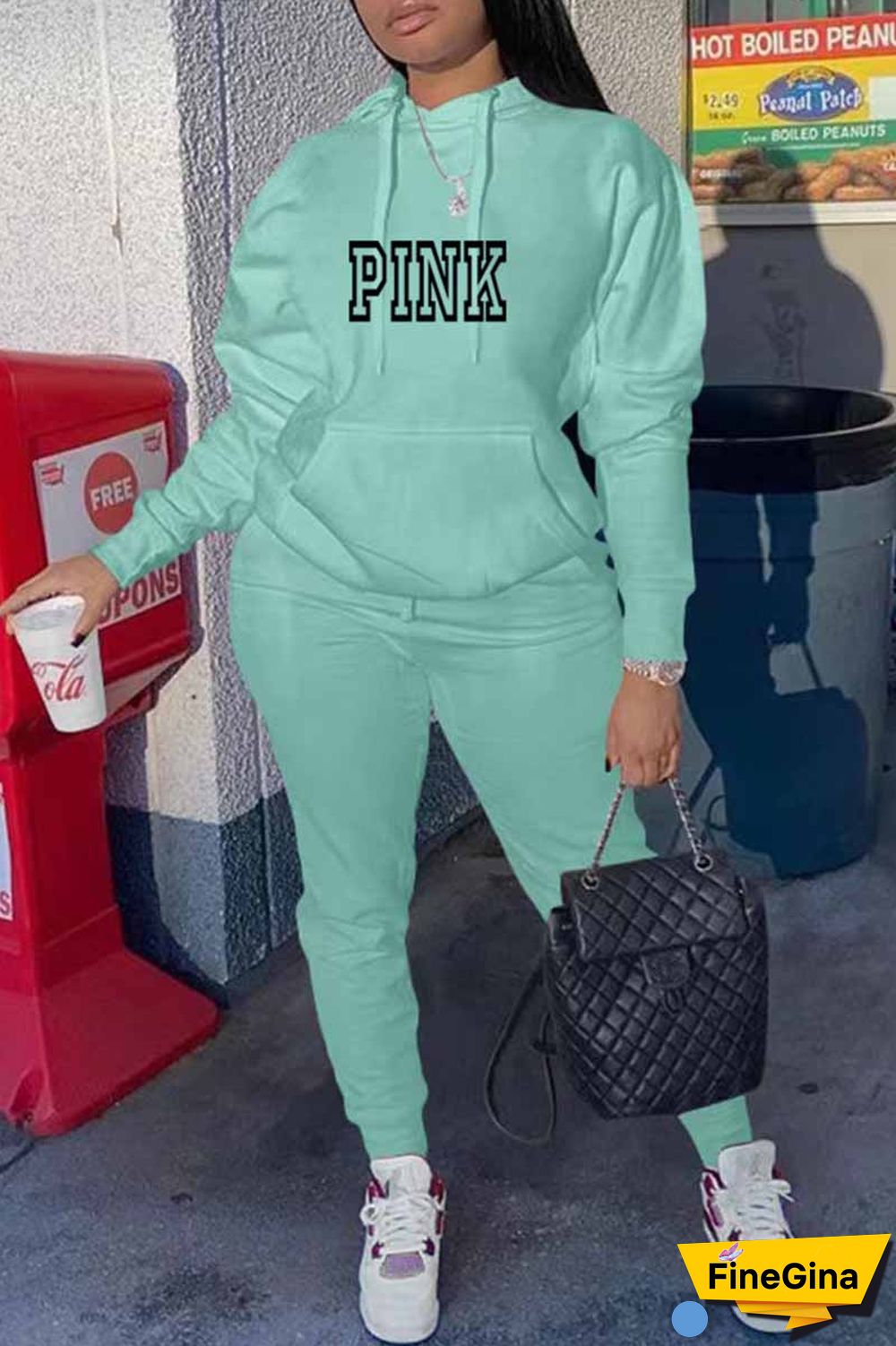 Red Casual Print Letter Hooded Collar Long Sleeve Two Pieces