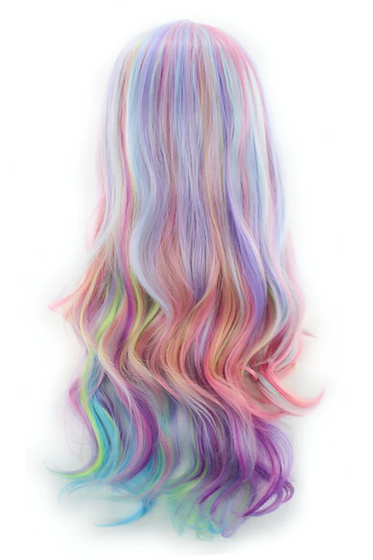 Rainbow Gradient Long Curly Hair Wigs Cap