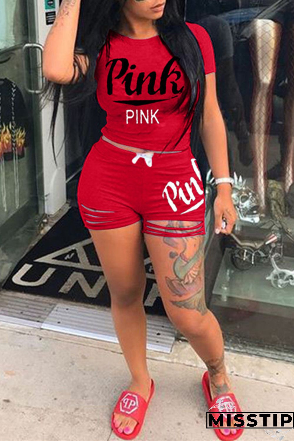 Pink Fashion Casual Letter Print Ripped O Neck Short Sleeve Two Pieces