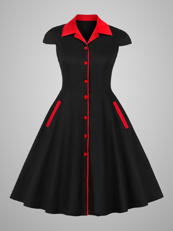 Color Block Buttoned Pockets Shawl Collar Short Sleeve Tight Waist Dress
