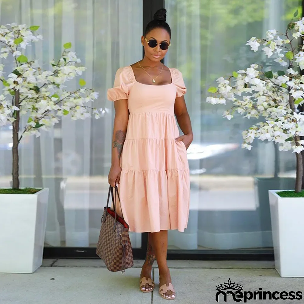 Women's Summer Fashion Lace-Up Dress Women's Short Sleeve Mid Dress