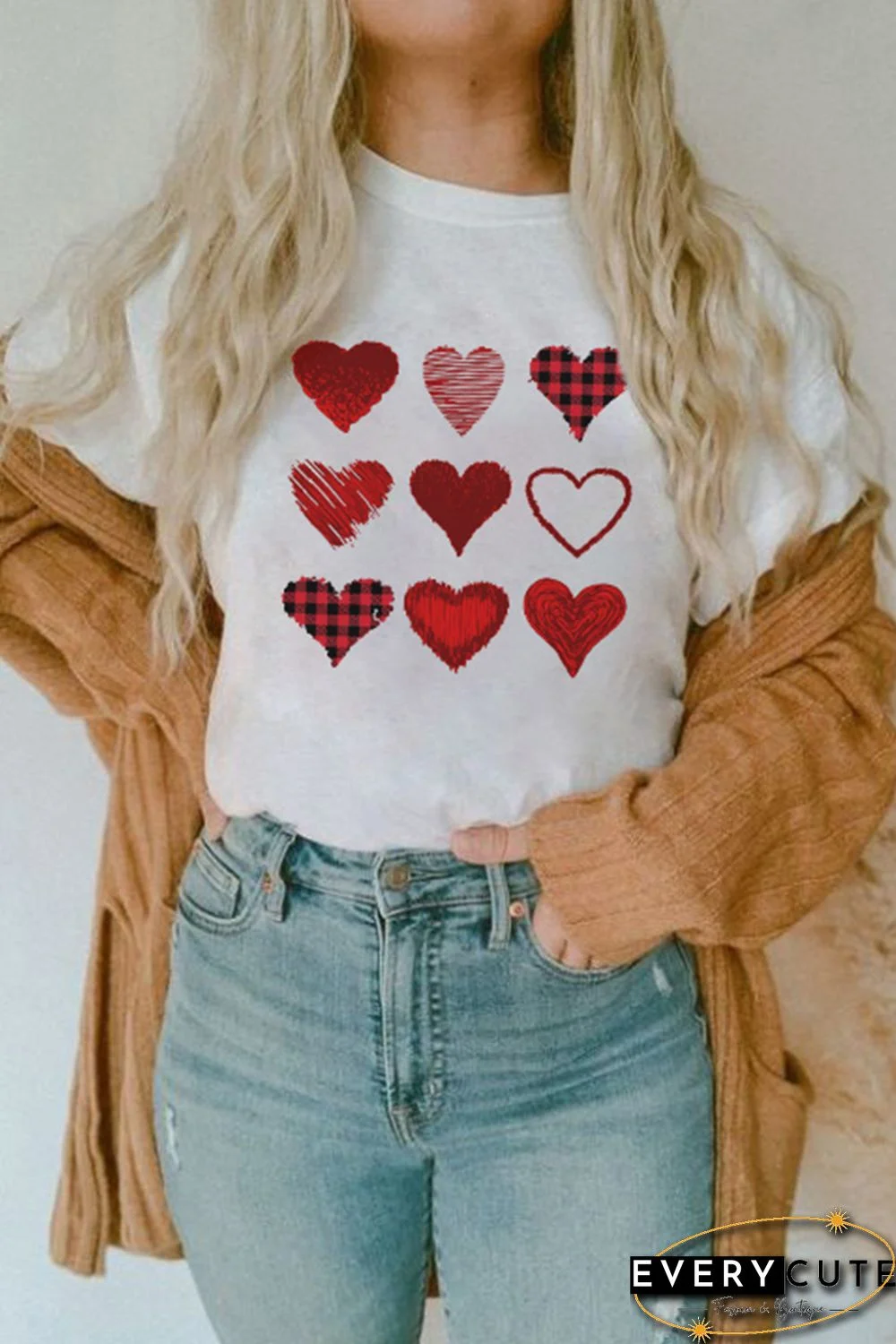 White Plaid Hearts Print Crewneck Short Sleeve Graphic Tee