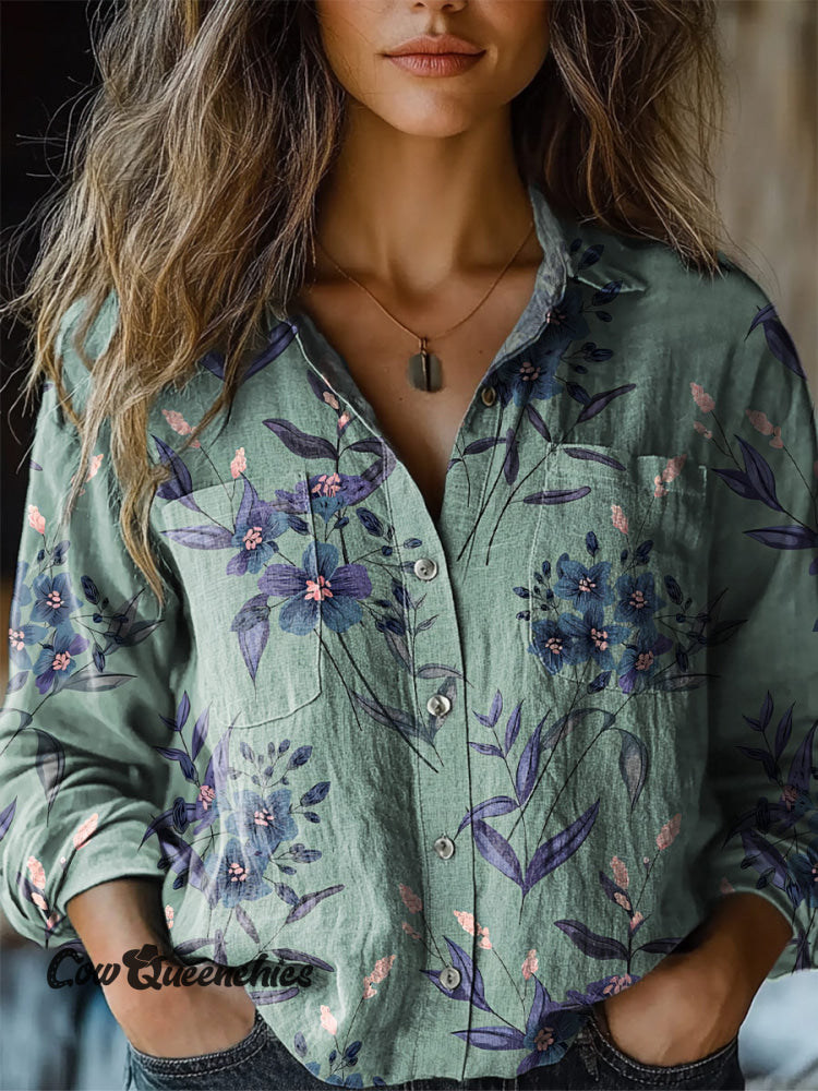 Women&rsquo;s Retro Floral Pattern Print Casual Shirt Green / S