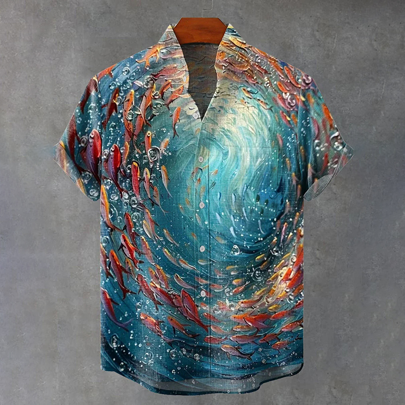 Japanese-style Ocean Pattern Art Print Casual Shirt  artssus