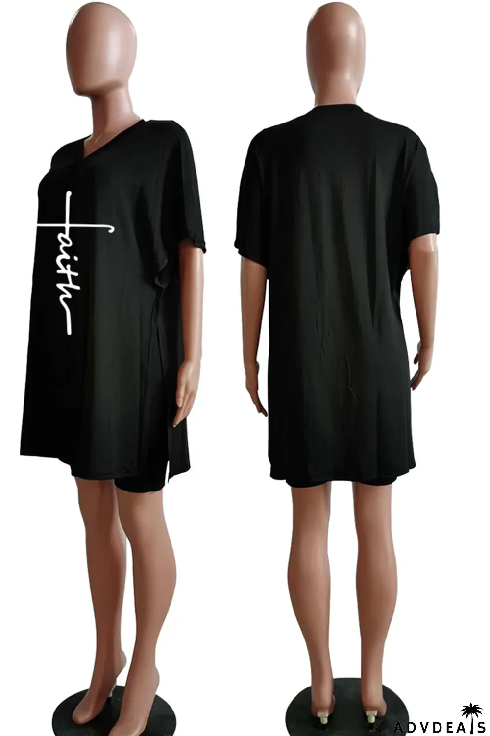 Tangerine Red Casual Print Split Joint V Neck Short Sleeve Two Pieces