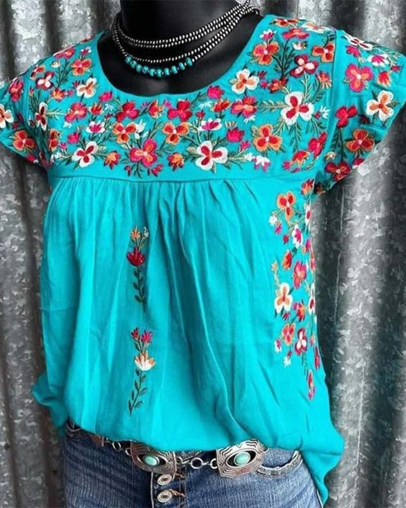 Women's Floral Print Ethnic Style Short Sleeve  T-Shirt-030910