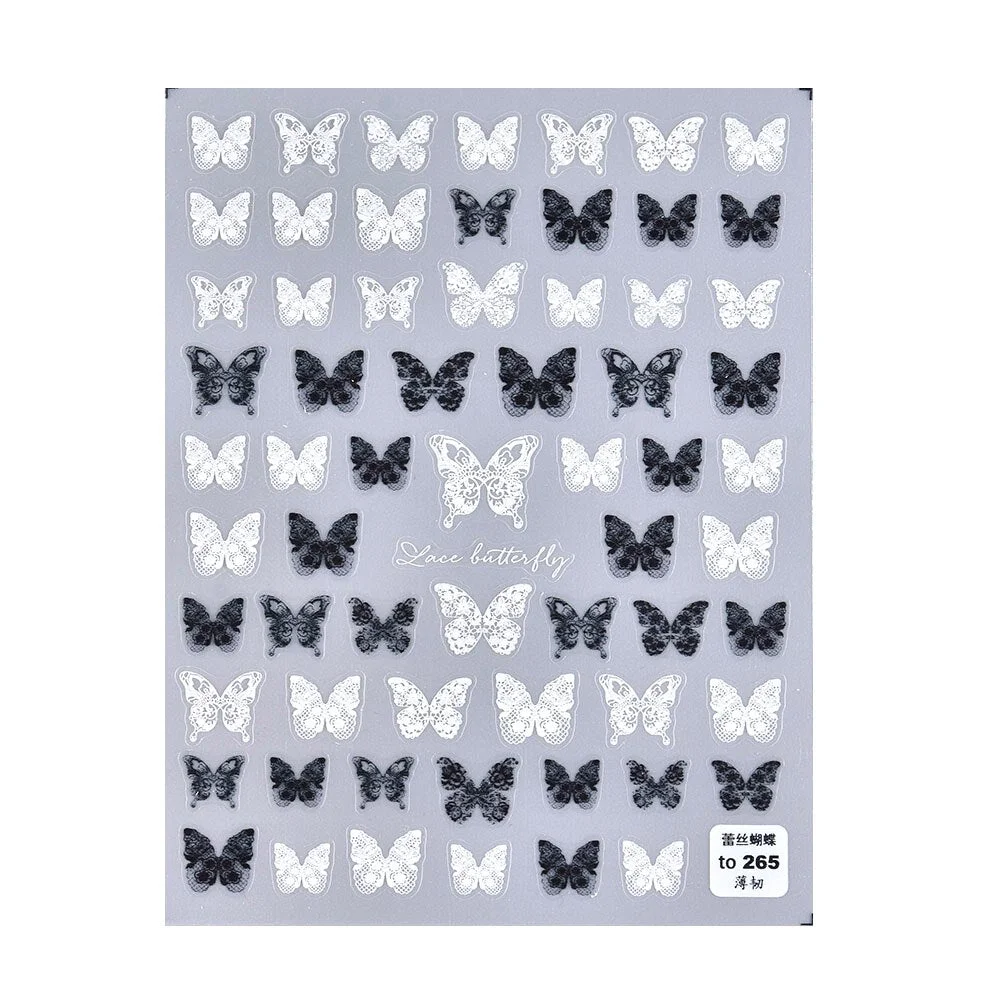 5D Nail Sticked Black and White Lace Butterfly Sticker 1 Sheet Japanese Style Adhesive Nail Art Daily Decoration Stickers