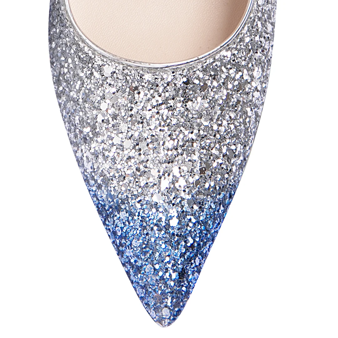 Blue Shaded Silver Glitter Pointed Toe Elegant Pumps with Flared Heel