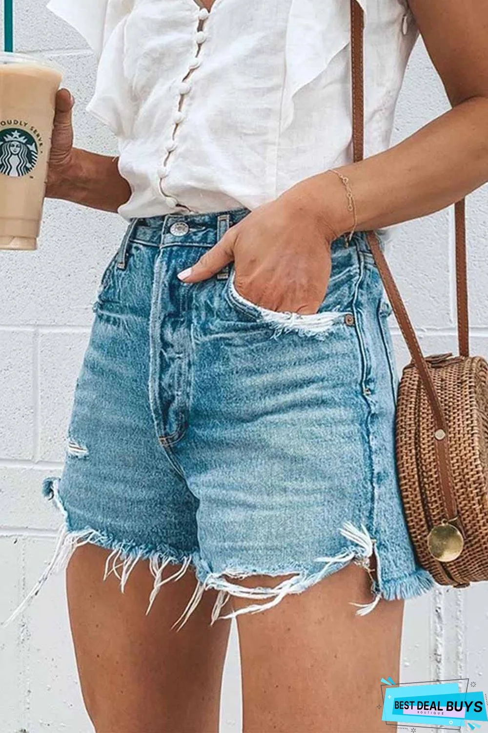 Summer Loose Button Ripped Fringed Denim Shorts