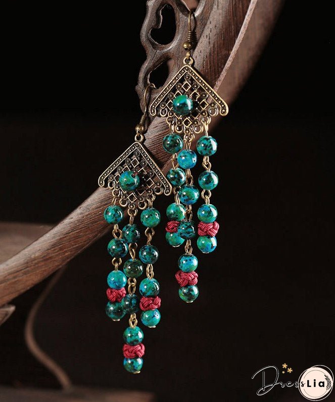 Women Green Sterling Silver Alloy Gem Stone Drop Earrings