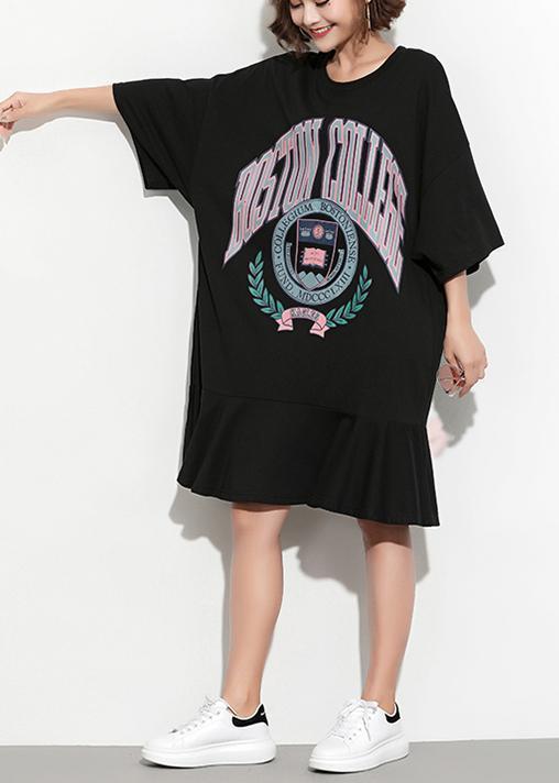VCSHOES black print linen Tunics Vintage Shape o neck short spring Dress