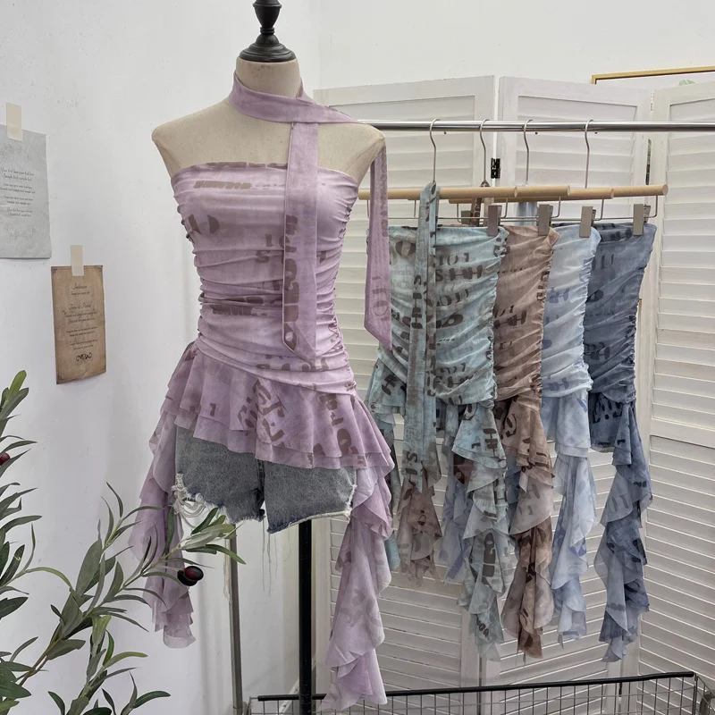 Nigikala Nigikala Shooting Spice Girls Irregular Lotus Leaf Side Ribbon With Non-Slip Strip Mesh Printing Chest Vest 8037