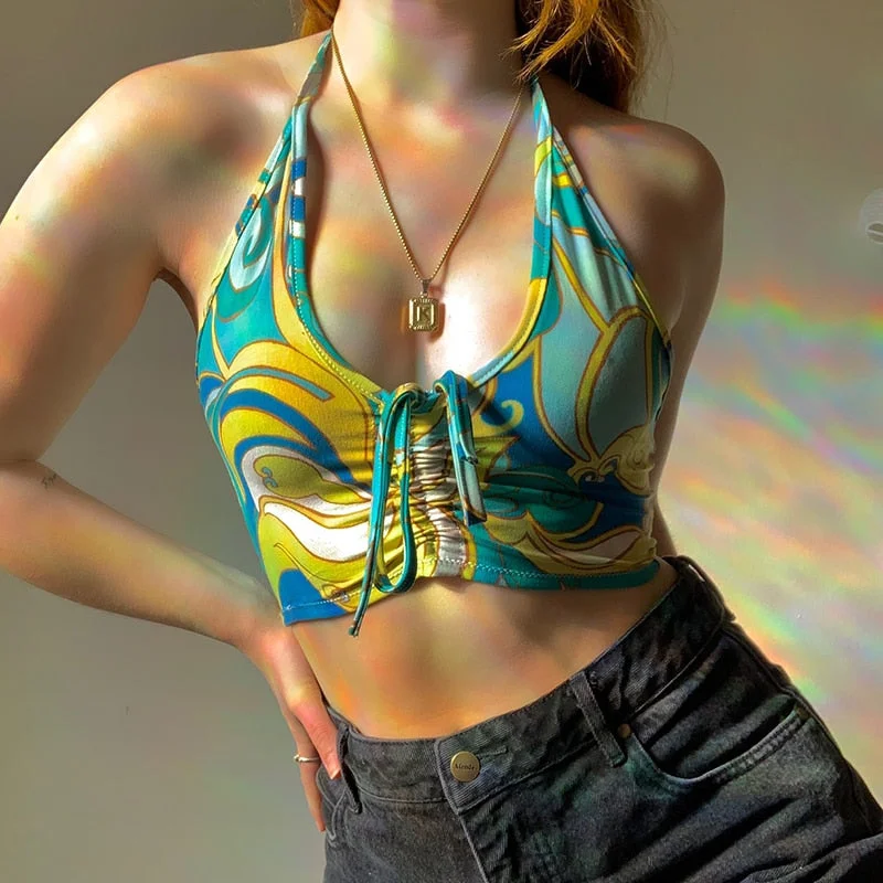 Rapcopter Paisley Printed y2k Crop Top Aesthetic Halter Top Ruched Tie Up Camis Women Vintage Sweats Beach Holiday Top Vests 90s