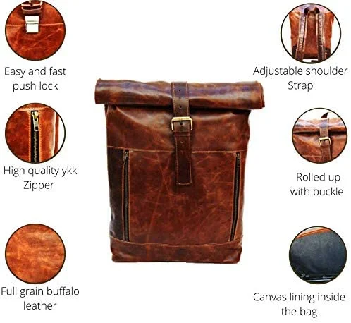 Leather Vintage Roll on Laptop Backpack For Men