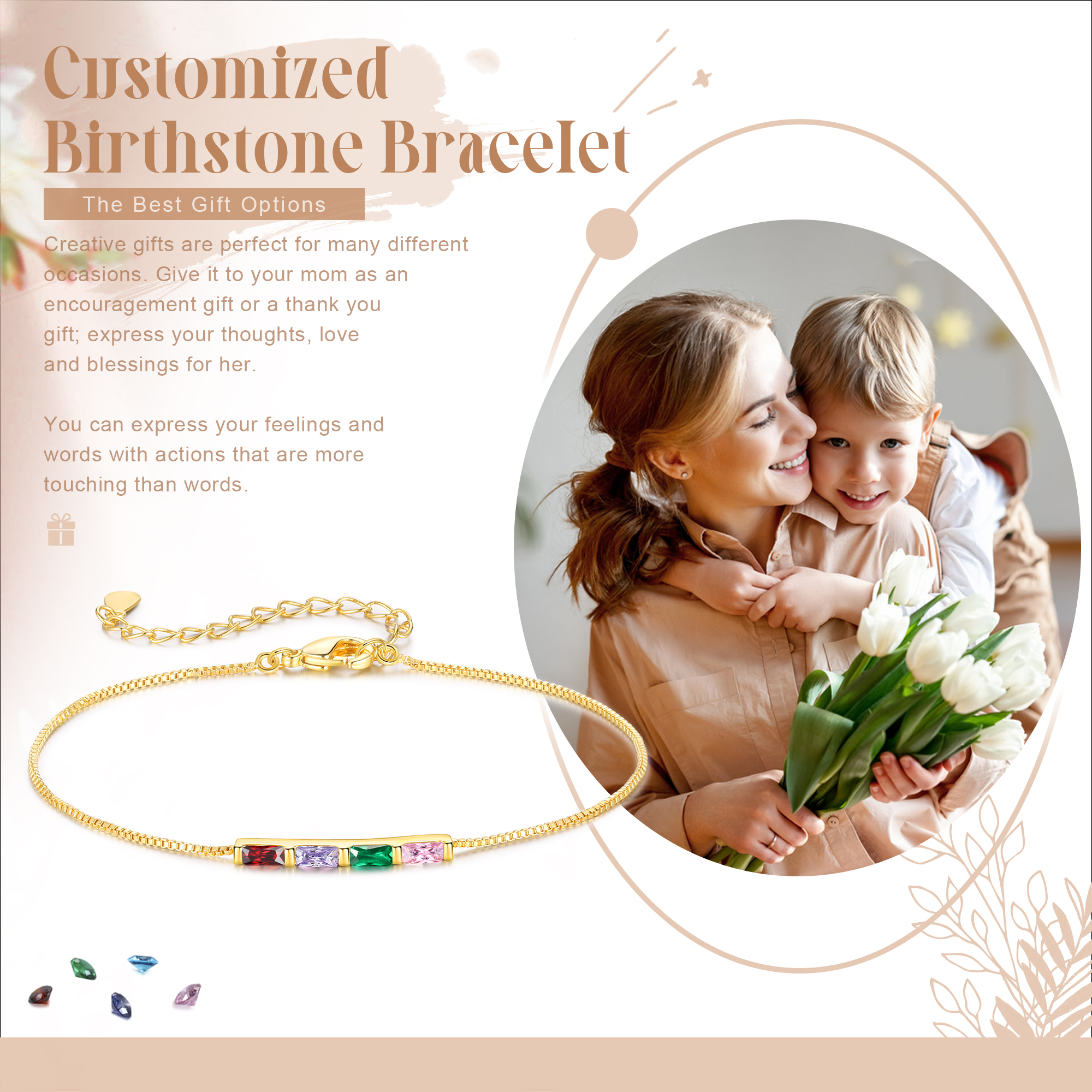 Custom 4 Birthstones Bracelet Gold Adjustable Bracelet Personalised Birthday Gift for Her-Jessemade AU