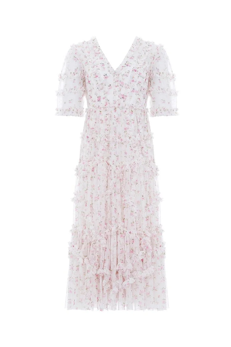 Floral Frill Mid Sleeve V-Neck Midi Dress