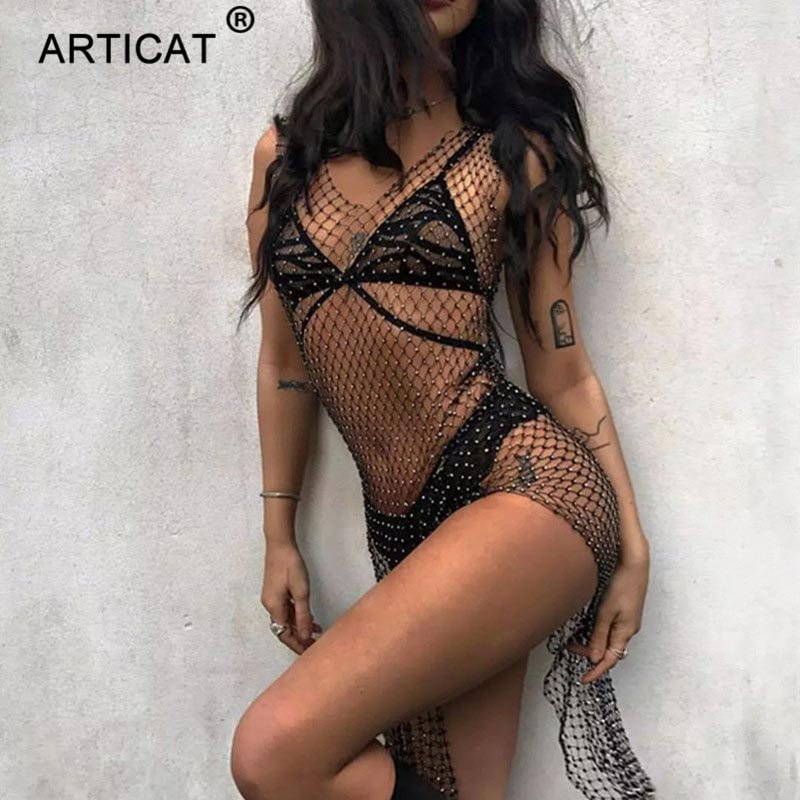 Articat High Split Hollow Out Sexy Long Party Dress Crystal Sparkling Diamonds Fishnet Maxi Beach Summer Dress Nightclub Dress