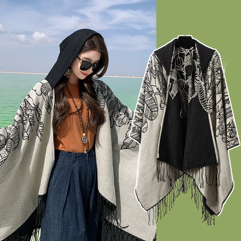 Ethnic Style Hooded Shawl Cloak Lijiang Xinjiang Tibet Northwest Tourism Wear Photograph Warm Outer Cape