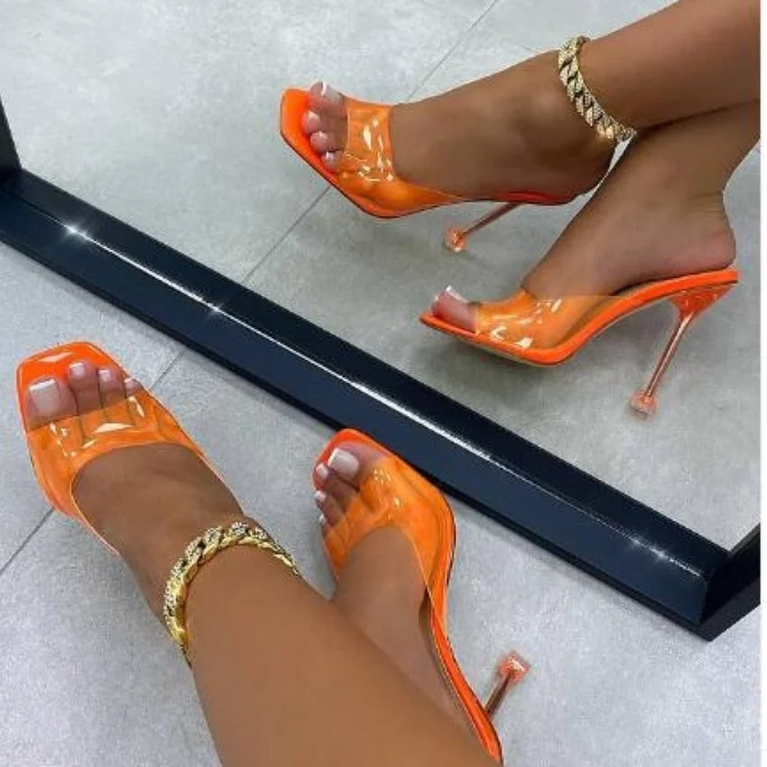 Summer Women sandals Sexy Transparent Heel Slippers Sandal Shoes Woman Thin High Heels Square Toe Sandal Lady Pump Shoes Mules