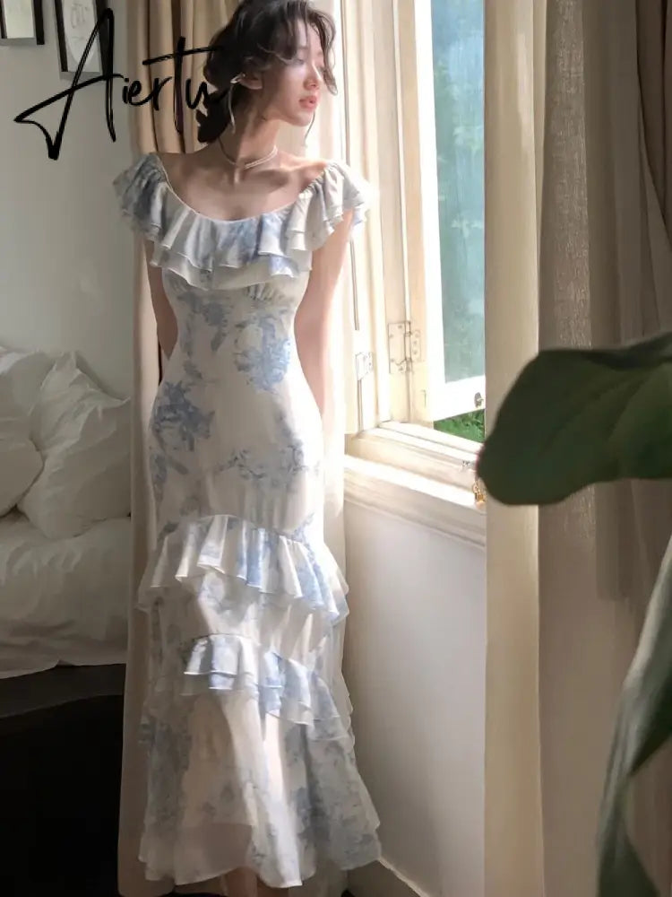 Aiertu Summer New Women Elegent Slim Party Prom Print Ruffles Dress Female Fashion French Retro One Piece Clothes Vestidos Aiertu